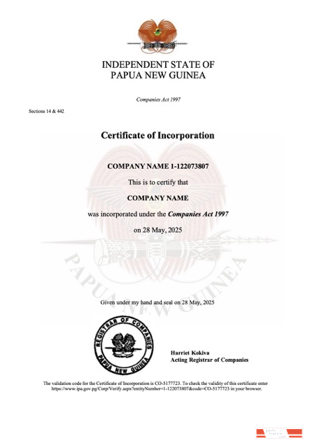 Papua New Guinea certificate of incorporation Word and PDF template